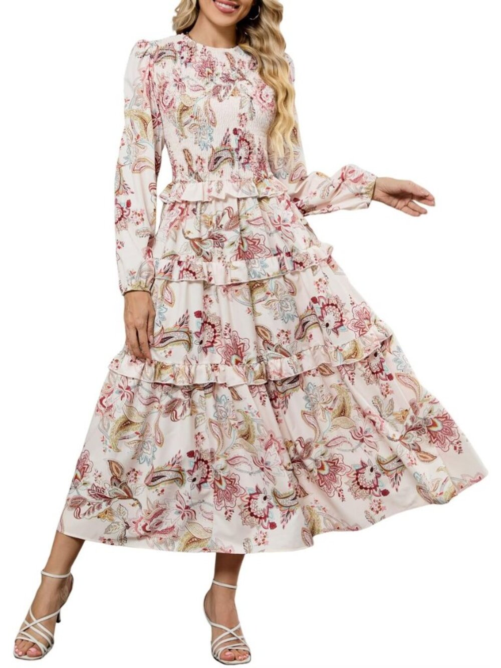 Womens Fall Dresses Long Puff Sleeve Tiered Ruffled Flowy Maxi Dress